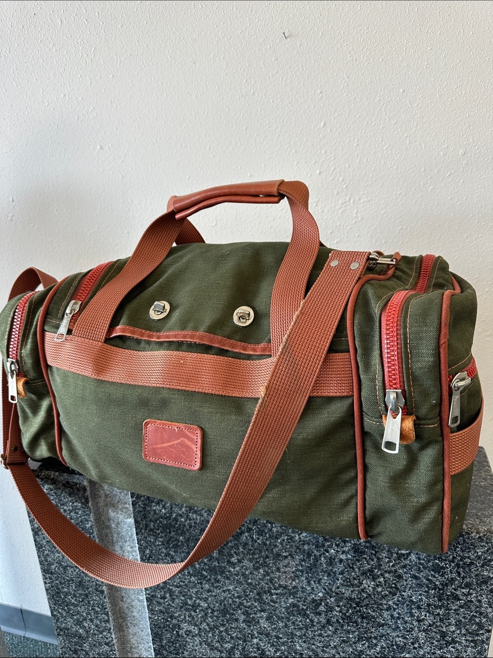 Classic Olive Green Canvas Travel Duffel with Brown leather Accents vintage